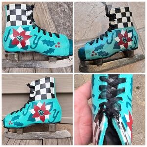 Handpainted Ice Skate Christmas decor JOY Poinsettias